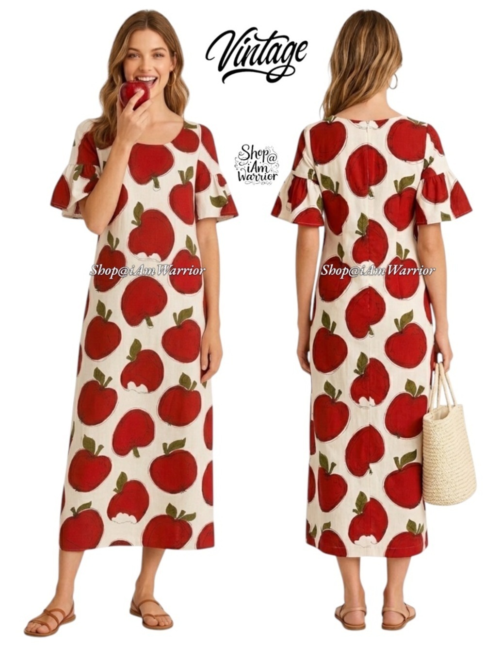 Vintage 🍎apple print maxi shift dress with ruffle trim sleeves *shop@iamwarrior